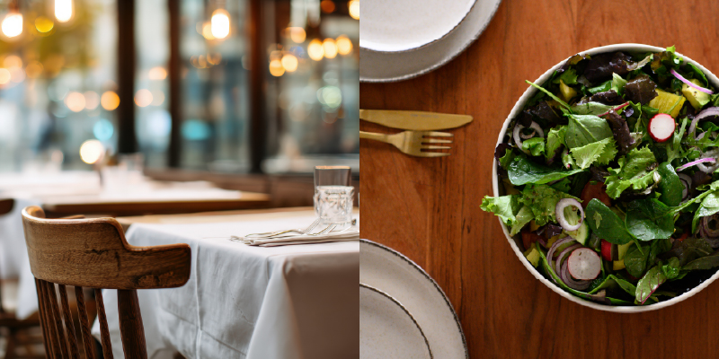 Restaurant interior and salad in a bowl